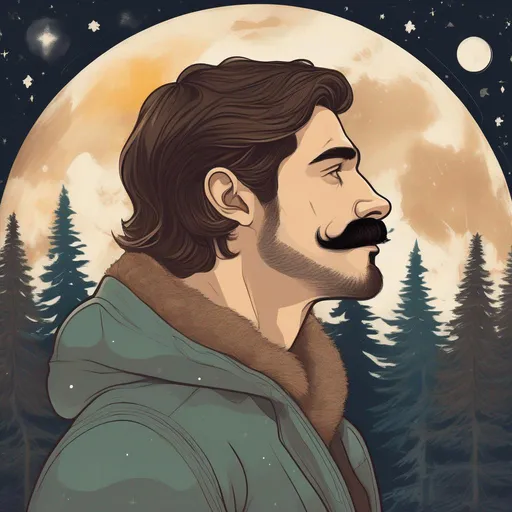 Prompt: A profile beautiful and colourful picture of a handsome man with brunette hair and a mustach, is surrounded by Sitka Spruce trees, a brown bear, framed by the moon and constellations, in a painted style