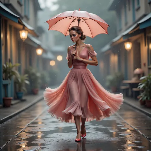 Prompt: A woman in stylish 50s clothes with an umbrella walking in the rain, serene ambiance, gentle rain drizzle, muted colors, soft grays and blues reflecting a calm mood, stylish flowing coat, relaxed expression, puddles glistening, atmospheric mist in the background, romantic and cozy setting, fluid movement capturing the motion of walking, ultra-detailed, 4K quality.