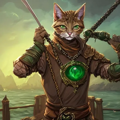 Prompt: Create a D&D style Tabaxi (a humanoid cat but with human ish features particularly the eyes) swashbuckler, with green eyes, fur in brown nuances, a golden fencing sword in the right hand. A necklace with a large green emerald around the neck. Standing on a old dock.