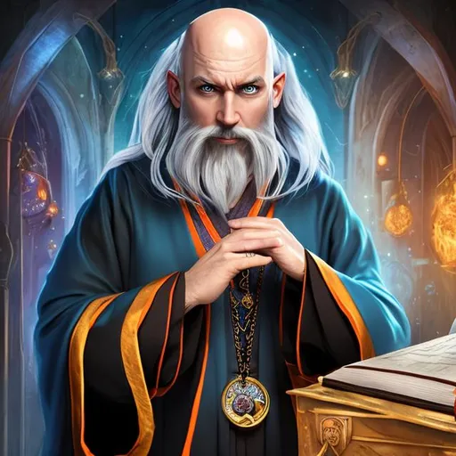 Prompt: Male wizard, bald, detailed, black eyes, goatee, blue and orange robes, high collar, gold amulet, rings, spellbook on desk