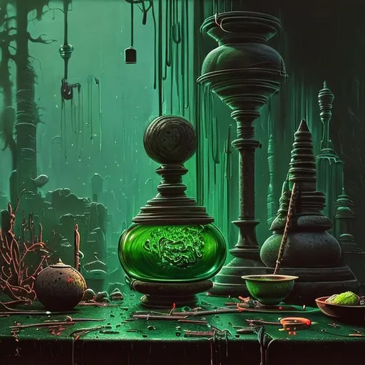 Prompt: Still life painting, a glass alembic with neon-green and glowing liquid, a stone mortar and pestle, and dark green moss an a dark wooden table, dull colors, danger, fantasy art, by Hiro Isono, by Luigi Spano, by John Stephens