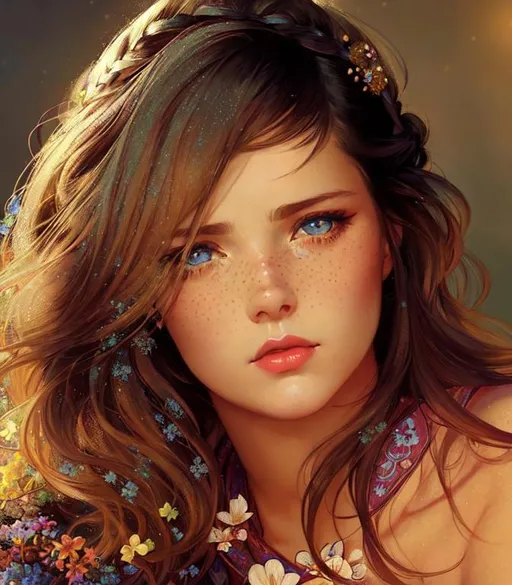 Prompt: cute girl with freckles, breton dress, high bun, flowers in hair, neckband, intricate, detailed face, by Ilya Kuvshinov and Alphonse Mucha, dreamy, pastel colors, honey, red lips, blue eyes, sad, diadem, tiara, sparkles, night, clear eyes