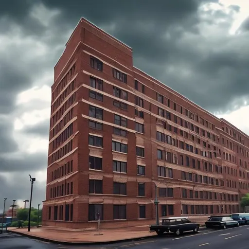 Prompt: 1960s  road tall realistic window brick buildings  cloudy sky rainy weather tall window brick buildings brick buildings with windows background  high quality 4k super realistic 