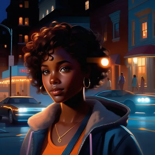 Prompt: Third person, gameplay, American girl, dark skin, freckles, curly brown hair, hazel eyes, 2020s, smartphone, streets of Atlanta at night, fog, blue atmosphere, cartoony style, extremely detailed painting by Greg Rutkowski and by Henry Justice Ford and by Steve Henderson 

