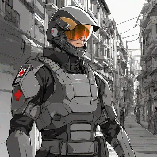 Prompt: Whole body. Full figure. A swiss male soldier in scifi 20th century armor uniform. He has an helmet with a scifi visor covering his face. Dark grey uniform. uniform with black details. In background a scifi Spanish city. Anime art. Rpg. Anime style. Akira art. 2d art. 2d. Well draw face. Detailed. 