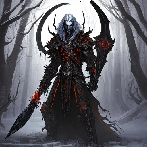 Prompt: handsome diablo-inspired necromancer in black armor with long white hair which is orange at the roots, wielding an elegant scythe, walking in a misty snowy forest, not evil just mysterious