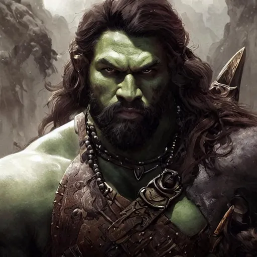 Prompt: Portrait painting of Jason Momoa as a half-orc barbarian. With grey-green skin tone and elf ears. by Greg Rutkowski and Craig Mullins, Dark atmospheric and cinematic lighting