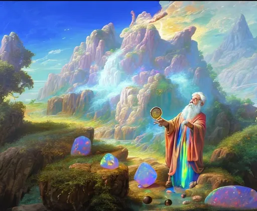 Prompt: A genre painting of a stoic wizard finding a treasure chest filled with colorful opal stones