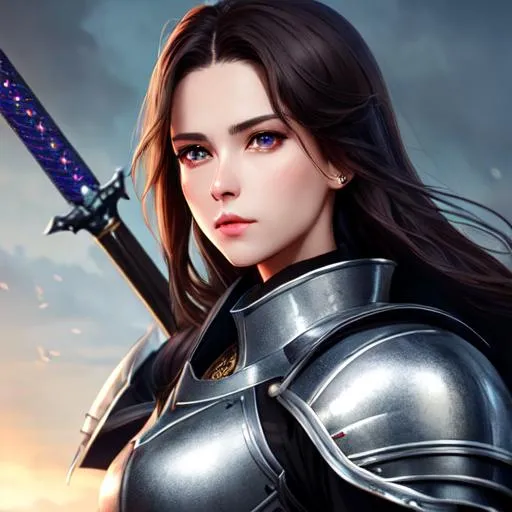 Prompt: portrait of young female knight with short dark brown hair and
 grey eyes | wearing a suit of armor and holding a sword| ultra-fine details, hyper-focused, deep colors, dramatic lighting, ambient lighting god rays, battlefield | by sakimi chan, artgerm, wlop