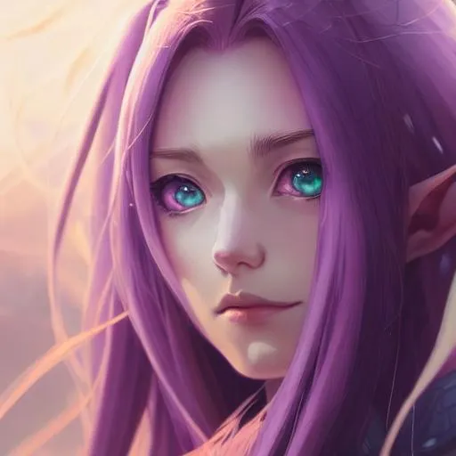 Prompt: Closeup face portrait of an elf, purple hair,smooth soft skin, big dreamy eyes, beautiful intricate colored hair, symmetrical, anime wide eyes, soft lighting, detailed face, by makoto shinkai, stanley artgerm lau, wlop, rossdraws, concept art, digital painting, looking into camera