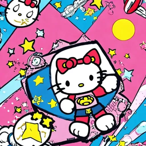 Prompt: a superhero in a hello kitty space suit holding a dog
