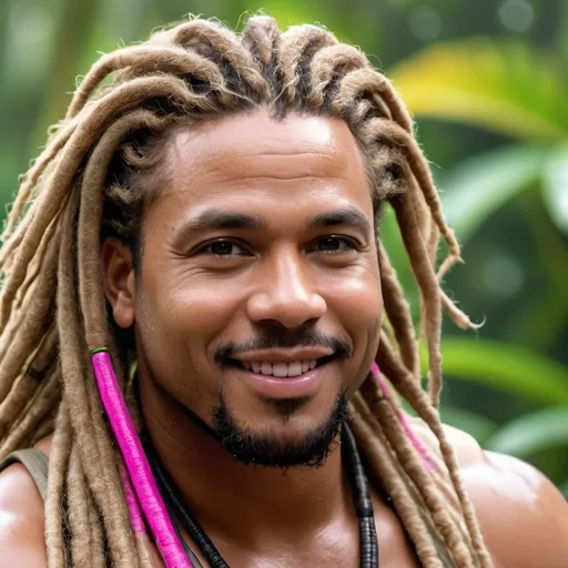 Prompt: long shot with a very handsome, middle-aged Afro-Latino hunky hairy chubby man with longer sandy brown curled dreadlocks, light eyes, thick pink lips, "hyperreal detailed face", calm smile, attractive pink lips, whole body in shot, rain forest, travel shot, soaked, detailed facial features, detailed locs, hyperreal, perfect composition, hyperrealistic, super detailed, 8k, high quality, sharp focus, studio photo, photography, natural light, intricate details, highly detailed, hyperrealistic, very long hair locs, soaked