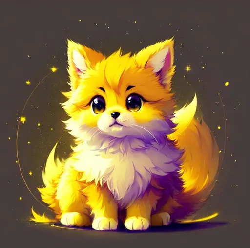 Prompt: Cute, yellow, fluffy, fantasy light puppy, with lighting, yellow eyes, yellow fur, and possessing the element of space and making circles of lighting stripes
 move around in the air in a magical way, in a space background. Perfect features, extremely detailed, realistic. Krenz Cushart + loish +gaston bussiere +craig mullins, j. c. leyendecker +Artgerm.