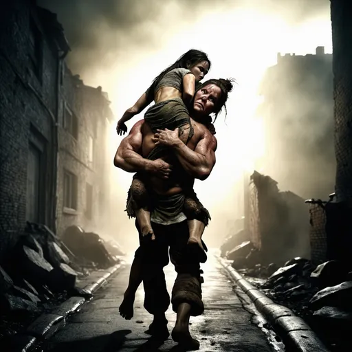 Prompt: ogre carrying a woman on his back to safety, realistic skin texture, professional, highres, detailed, dramatic, rescue, urban, intense lighting, atmospheric