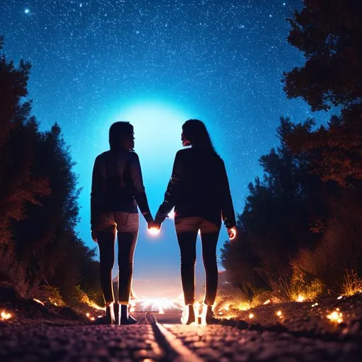 Prompt: two lesbians holding hands at night with beautiful lights