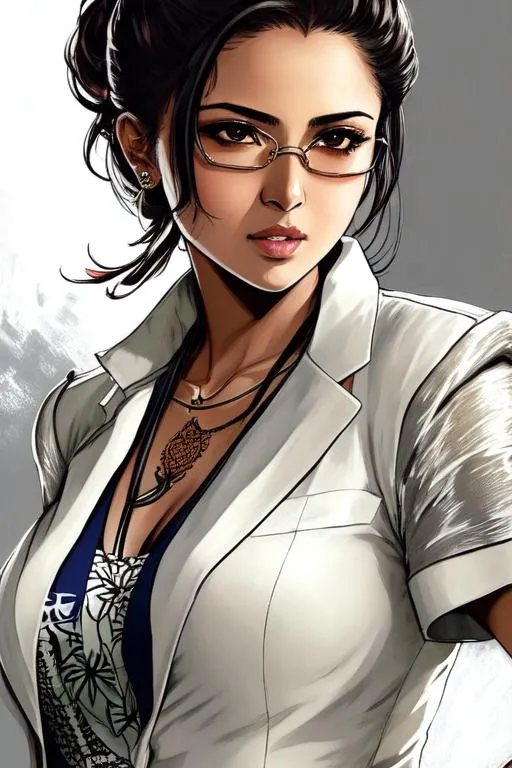 Prompt: (((Yoji Shinkawa))), sticker of ultra detailed portrait of Sadaf Mohammed Sayed  (Indian actress who mainly appears in Telugu, Tamil, and Kannada films)in white silk business suit, trendy shades,  high quality cell shaded illustration in post apocalyptic style by Yoji Shinkawa, ((full body portrait)), dynamic pose, perfect anatomy, centered, freedom, soul, blue long hair, approach to perfection, cell shading, 4k , cinematic dramatic atmosphere, watercolor painting, global illumination, detailed and intricate environment, artstation, concept art, fluid and sharp focus, volumetric lighting, cinematic lighting, Art by Yoji Shinkawa,