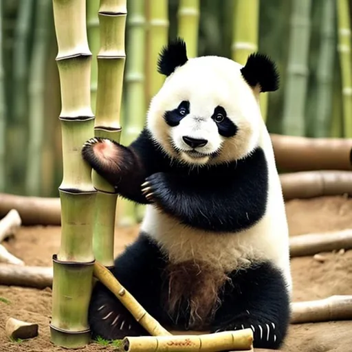 Prompt: real life cute panda, playing with bamboo