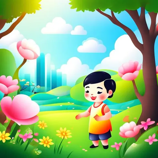 Prompt: adorable asian child art with playful nature scene

