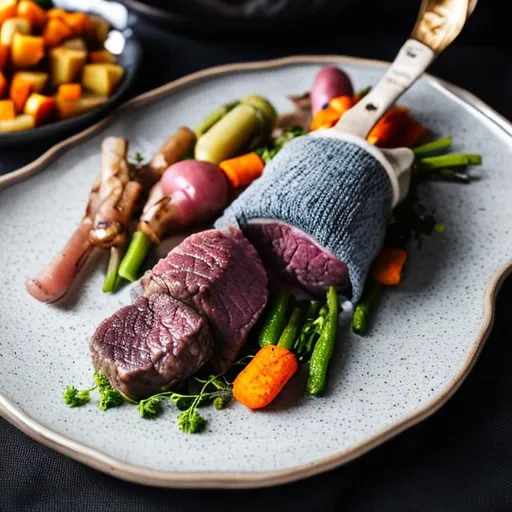 Prompt: icelandic lamb meat sticking out of icelandic knit wool sock with fancy potatoe and vegetables on the side on black and godlen designer plate and festive sparkling party surroundings
