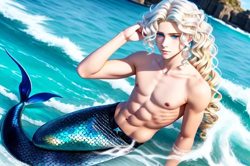 Prompt: (((full body view)))Mermaid teenage boy, Piercing, Ice-blue eyes, a sharp jawline. His hair was blond, long and wavy in the back with shorter, more uniformed curls in the front. He had a youthful face with slightly feminine features. He looked a lot like something from a storybook, like or a renaissance painting. Little, sharp, white fangs poked out between his shiny lips as he smiled. After the dorsal fin, scales gave way to smooth, pale skin. Rippling muscle, long, wavy, blonde hair, gills along his ribcage. A man. Or, half of one, really. He was strikingly beautiful.