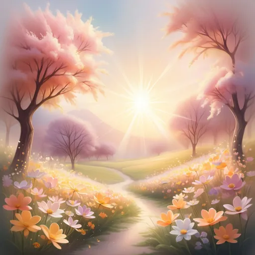 Prompt: Central concept of the image: uplifting and positive thoughts blossoming like flowers. Warm, inviting colors, soft pastels blend harmoniously, creating a serene atmosphere. Radiant light streams through, delicately illuminating the scene, giving it an ethereal quality. The background is a peaceful landscape, enhancing the overall ambiance of joy and tranquility. Ultra-detailed, high-quality illustration that instills a sense of comfort and inspiration.