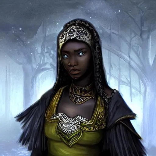 Prompt: portait of a cold young African woman,  fantasy black plate armor, concept art, dim light, world of warcraft, ebony mail, elder's scrolls, skyrim.
