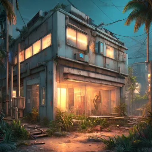 Prompt: futuristic, gallery night, abandoned small white industrial building, tiny neighborhood, chillwave, tropical island, ultra detailed, cinematic lighting, photorealistic, realistic details, wide view