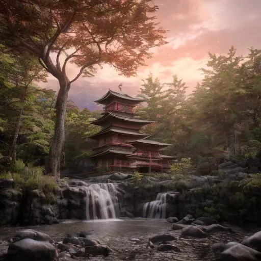 Prompt: Japanese temple, sunset, waterfalls, rocks, trees, nature, beautiful stylish view, 8k