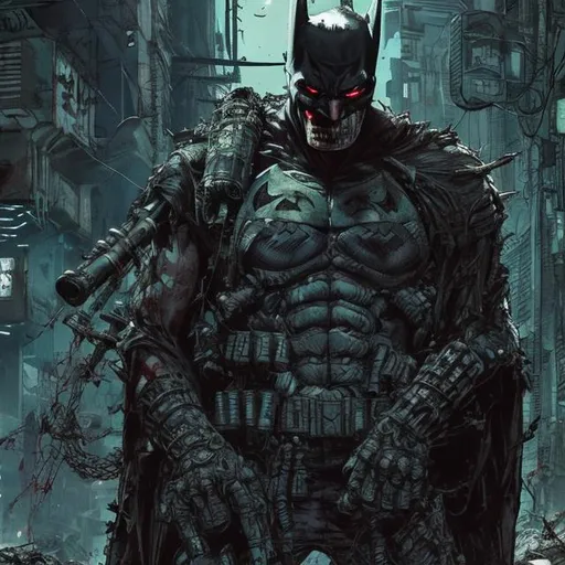 Prompt: Todd McFarlane futuristic army-trained villain batman punisher spawn. Bloody. Hurt. Damaged. Accurate. realistic. evil eyes. Slow exposure. Detailed. Dirty. Dark and gritty. Post-apocalyptic Neo Tokyo .Futuristic. Shadows. Sinister. Armed. Fanatic. Intense. 
