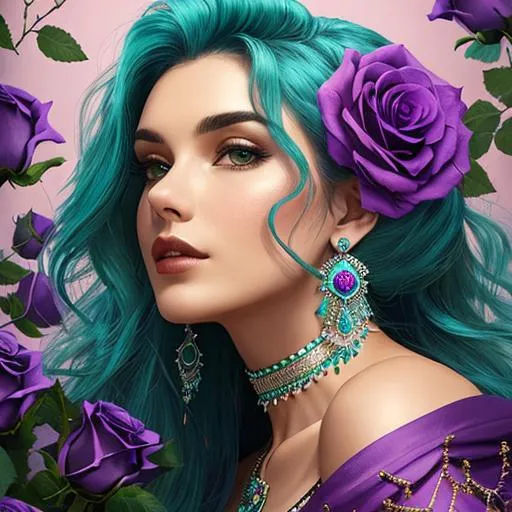 Prompt: woman with turquoise jewels in her hair and purple roses