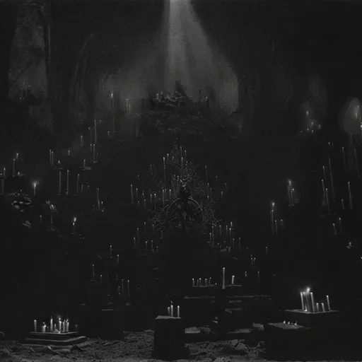 Prompt: High quality artwork for a black metal album.  Dead priests praying around the abandoned catacomb with open coffins all over the area. Surrounded by candles in the fog.