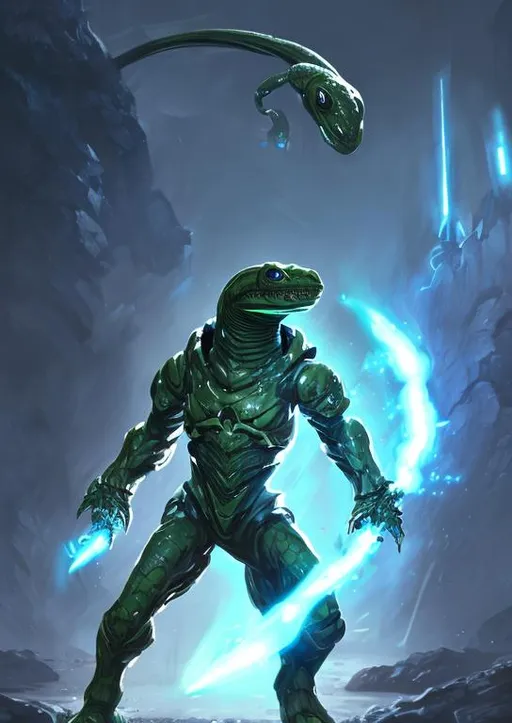 Prompt: Splash art of a sleek humanoid lizard in battle suit wielding an energy sword, heroic sci-fi art,
special effects, 8k
