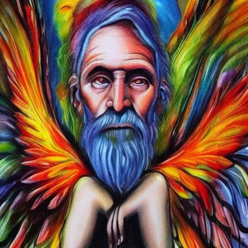 Prompt: Transform the image of angels in heaven into a surrealistic modern oil painting, incorporating vivid colors and exaggerated features to create a dream-like atmosphere. Depict an old male angel, who was a great doctor in his past life, trying to fly with his wings. Let your imagination run wild and bring elements of reality and fantasy together in your artwork. Use bold brush strokes and vivid colors to create a vivid image that captures the beauty and wonder of the heavens and the angels that inhabit it. The goal is to create a painting that is both mysterious and surreal, leaving viewers mesmerized by the otherworldly landscape you have created.