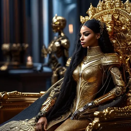 Prompt: Full body in shot. Epic. ((Ultra-detailed depiction)). (Beautiful and aesthetic:1.2). Attractive Cyborg Woman, long hair {dreadlocks}, body suit {Skeleton}. gold mask, 60s pillbox hat. a black cape, sitting in a fancy chair, highly detailed, masterpiece. realistic proportions, correct proportions, anatomically correct hands.