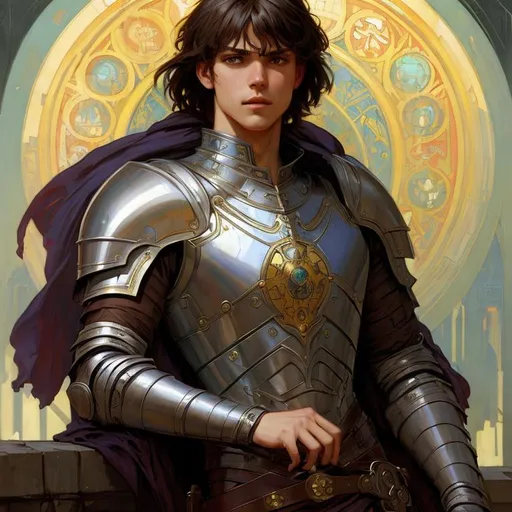 Prompt: young man, Knight, Greg Rutkowski, John William Waterhouse, Alphonse Mucha,. vibrant colors, full hd, high quality, 4k, trending on artstation, oil painting, symmetrical, intricate, highly detailed