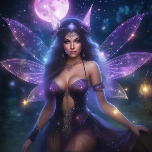 Prompt: hyper realistic, beautiful, stunningly full body form of a bright eyed, buxom woman, in a fairy witch outfit that is glowing, sparkly, sheer, and skimpy outfit on a breathtaking night with flying sprites around.