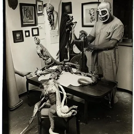 Prompt: Various macabre objects sitting on a table in a doctors office, being examined by a nurse wearing a hockey mask, who is holding a dead monkey., in the style joel-peter witkin, in the style of salvadore dali