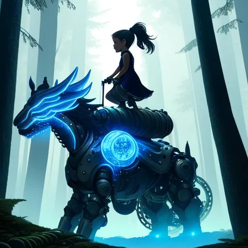 Prompt: A little girl rides on the back of a mechanical giant. The giant is the girls protector. Around them lies a magical forest. Glowing lights. 