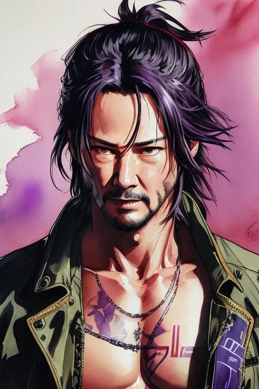 Prompt: (((Yoji Shinkawa))), sticker of ultra detailed portrait of Keanu Reeves as a samurai in purple. high quality cell shaded illustration in post apocalyptic style by Yoji Shinkawa, ((full body)), dynamic pose, perfect anatomy, centered, freedom, soul, black hair in ponytail, approach to perfection, cell shading, 4k , cinematic dramatic atmosphere, watercolor painting, global illumination, detailed and intricate environment, artstation, concept art, fluid and sharp focus, volumetric lighting, cinematic lighting, Art by Yoji Shinkawa,