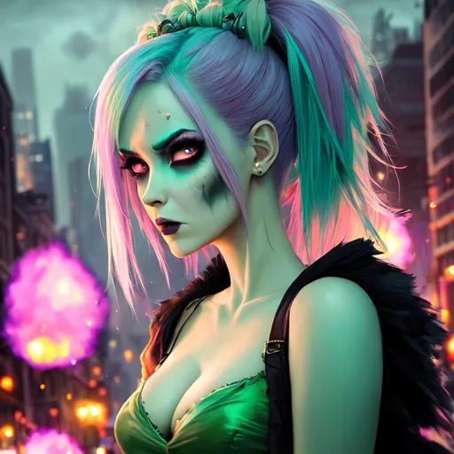 Prompt: pixar style painting of a beautiful zombie woman, pale green skin, pastel pink and blue hair, goth clothing, sneering, furrowed brow, furious, nighttime, post apocalyptic city street, fireballs, ruins, trash, galaxy, soft light, muted color scheme, art, painting, fireflies