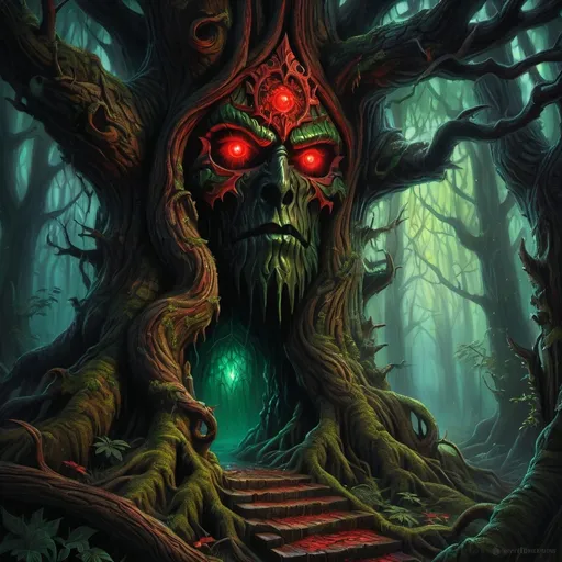 Prompt: Warhammer fantasy RPG style treeling, highly detailed illustration, oil painting, dark and ominous atmosphere, intricate bark textures, haunting red and green hues, mystical forest setting, piercing glowing eyes, ancient and weathered appearance, best quality, highly detailed, oil painting, fantasy, dark atmosphere, intricate textures, mystical forest, glowing eyes, ancient appearance, haunting colors, professional, dramatic lighting
