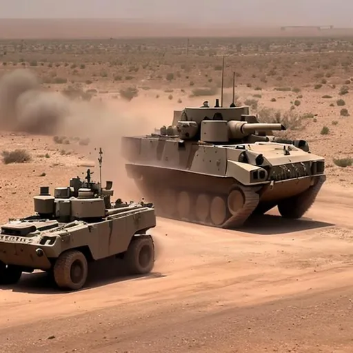 Prompt: an tank rampage and the tank getting khased by an humvee and the roads is desert
