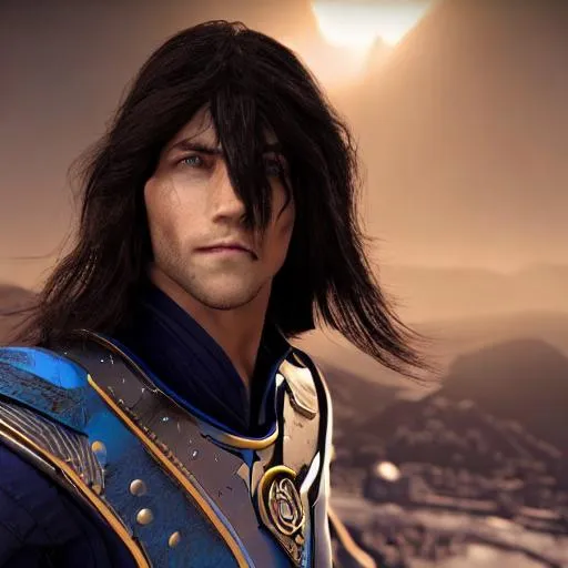 Prompt: Space pirate, handsome face, no helmet, flowing black hair, blue eyes, Disney prince face, full form, cape, black suit, in a space port, exceptional detail, ultra HD, 64k HD, unreal engine 5 , crisp , sharp contrast, 