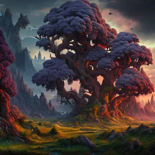 Prompt: beautiful fantasy natural landscape with huge multicolored trees and plants that has a bleak and sinister tone at twilight 