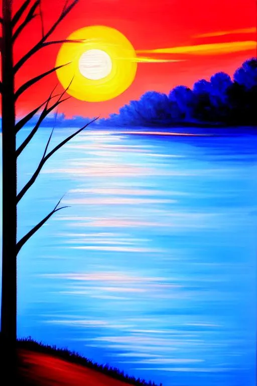 Prompt: morning time, blue river, oil painting, blue sky, red sun, tree, Elvis Presley,