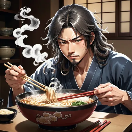 Prompt: Anime-style illustration of a long-haired Asian man, traditional Japanese setting, steam rising from the bowl, detailed hair with cool reflections, high-quality, anime, detailed eyes, traditional, focused lighting, Asian, intense, clean-shaven, intense and focused gaze, eating ramen, intense emotions, sad, cry