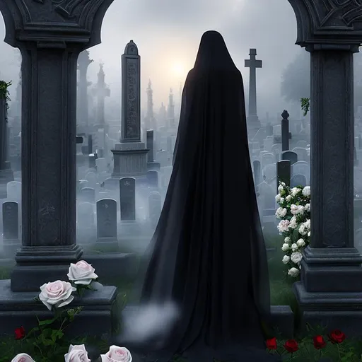 Prompt: A woman Goth with a veil in a cemetery with white rose. The painting style is inspired by Luis Royo and captures a proportionate body with high-definition photography quality. The painting is created in Unreal Engine 4, with 8K HD resolution, providing bright and intricate details.
