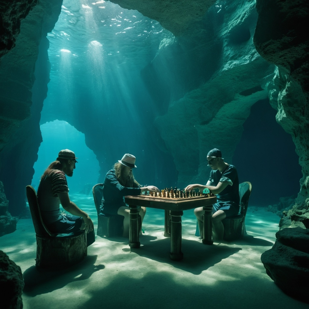 emerald underwater cavern people playing chess