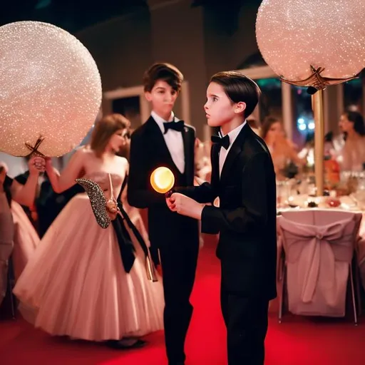 Prompt: Boy in a tuxedo holding his magic wand shaped like a stick about 6 inches long and standing next to his girlfriend who is in a big red puffy sparkly ball gown at prom