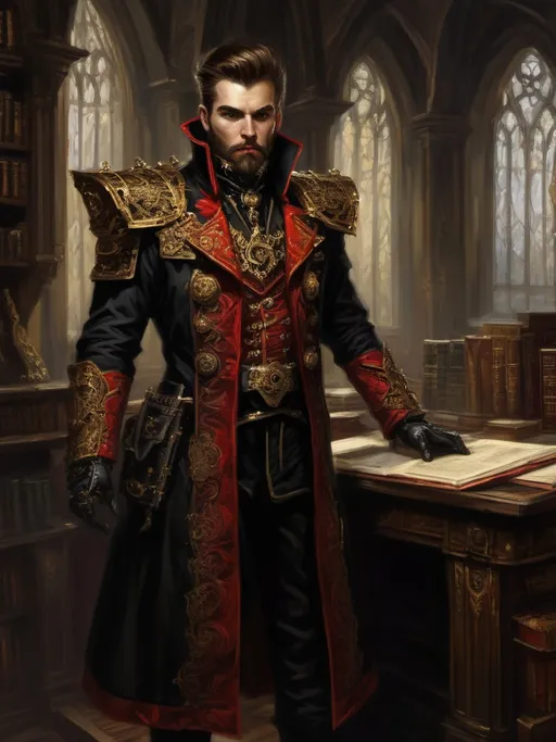 Prompt: full-body oil painting portrait of male warhammer 40k rogue trader in dark office study, (black trench coat) embroidered with gold filigree and red lapels, ornate red waistcoat vest, red cravat, ornate gold military rogue trader pauldron epaulets, ornate gold and black gauntlets, black cloth riding pants, ornate black belt, utility pouches attached to belt, ornate black knee-high riding boots with skulls, 40k, warhammer, ((rogue trader)), dark atmospheric lighting, very short brown crew cut, styled brown (full beard), 40k imperium of man, high gothic architecture, professional, rich color palette, forehead worry lines, fierce dour expression, regal standing pose, high detail background, painted, art, sketch, illustration, painting, interior, inside, dark 40k rogue trader voidship interior background, ornate grimdark office study, detailed study, dark grimdark tones, nighttime, detailed interior design, dark heavy ornate high gothic bookshelves, heavy ornate high gothic wooden desk, ((dark tones)), ((highly detailed facial features)), gothic fantasy, 